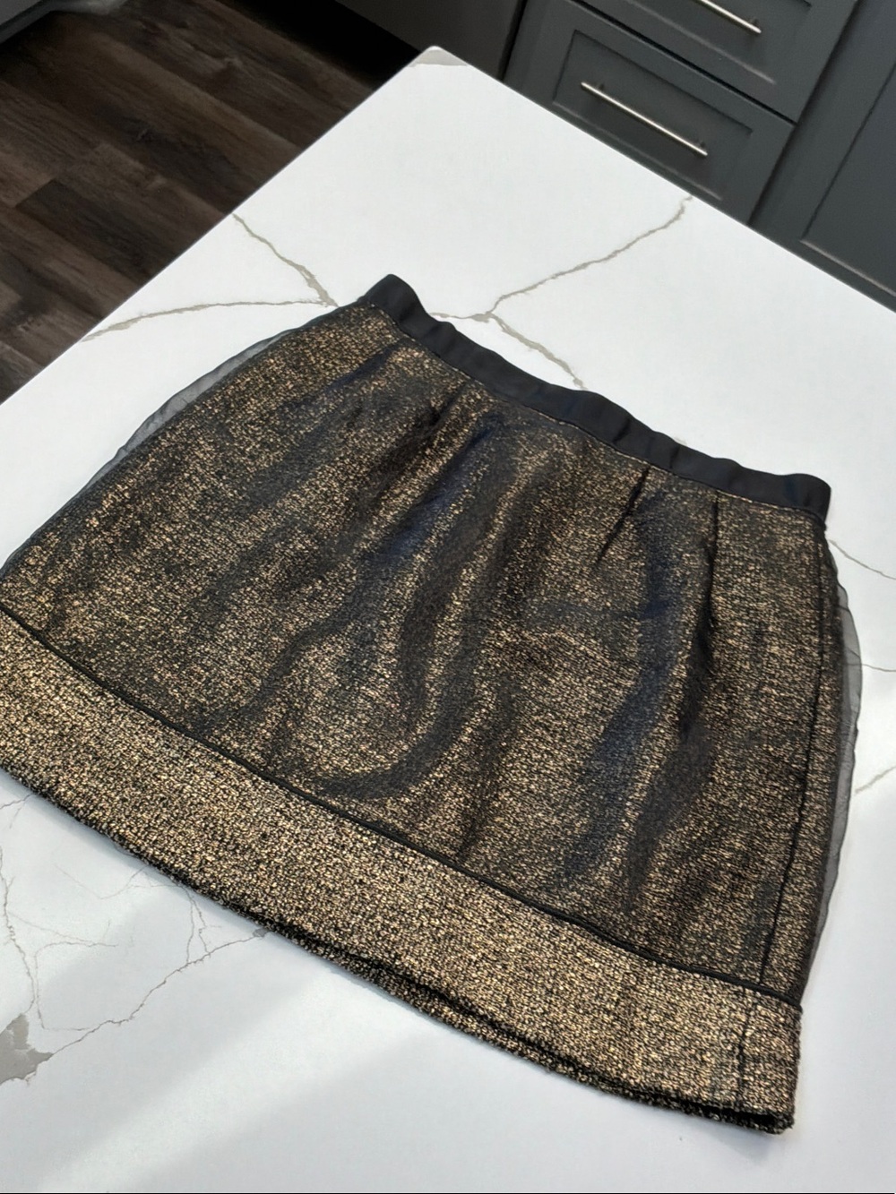 Ann Taylor Loft Size 4 Black Gold Metallic Mini Skirt Lined Ribbon Waist